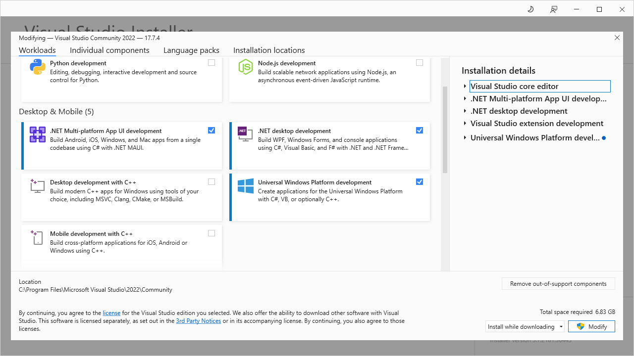 Visual Studio optional components