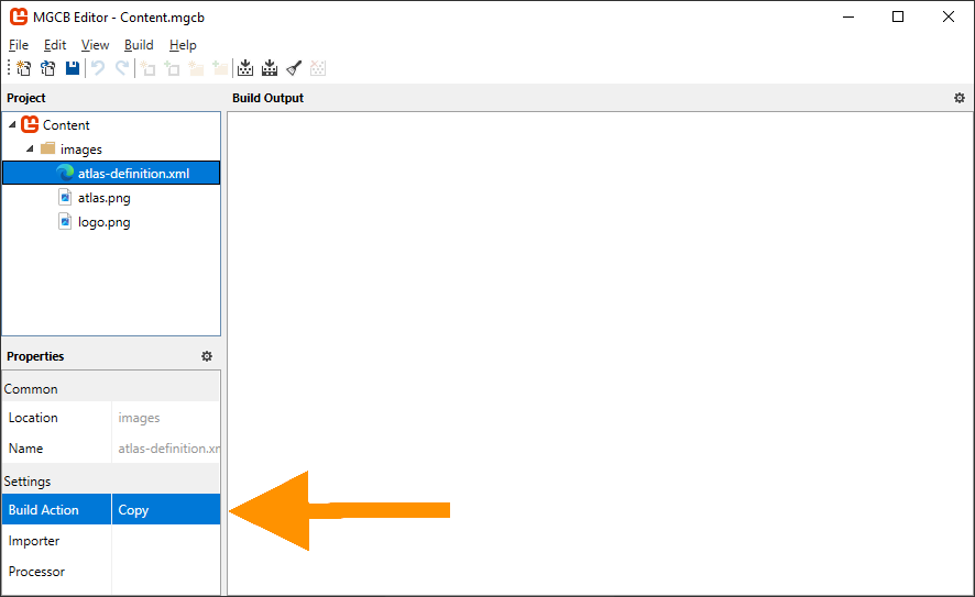Figure 7-4: The atlas-definition.xml file added to the content project with the Build Action property set to Copy