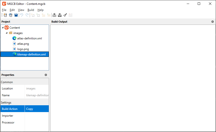 Figure 13-4: The Content project in the MGCB Editor with the tilemap-definition.xml file added and the Build Action property set to copy