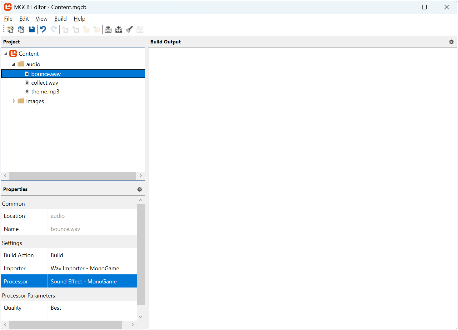 Figure 14-2: MGCB Editor properties panel showing Sound Effect content processor settings for .wav files