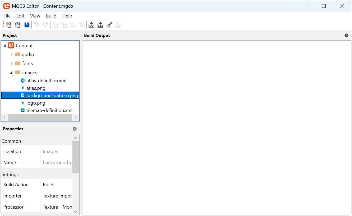 Figure 18-10: The MGCB Editor with the background-pattern image added