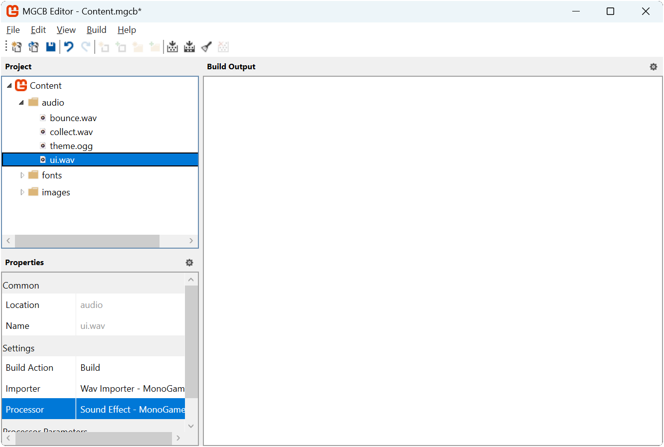 Figure 20-1: The MGCB Editor with ui.wav added to the audio folder