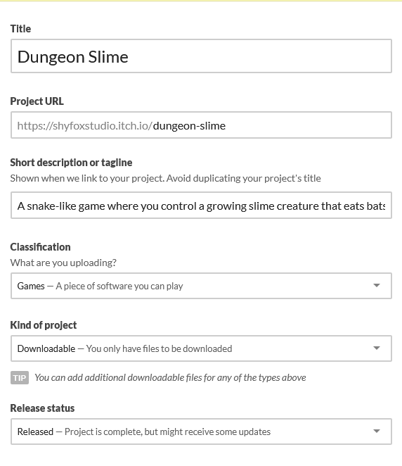 Figure 26-3: The basic project information for the Dungeon Slime game