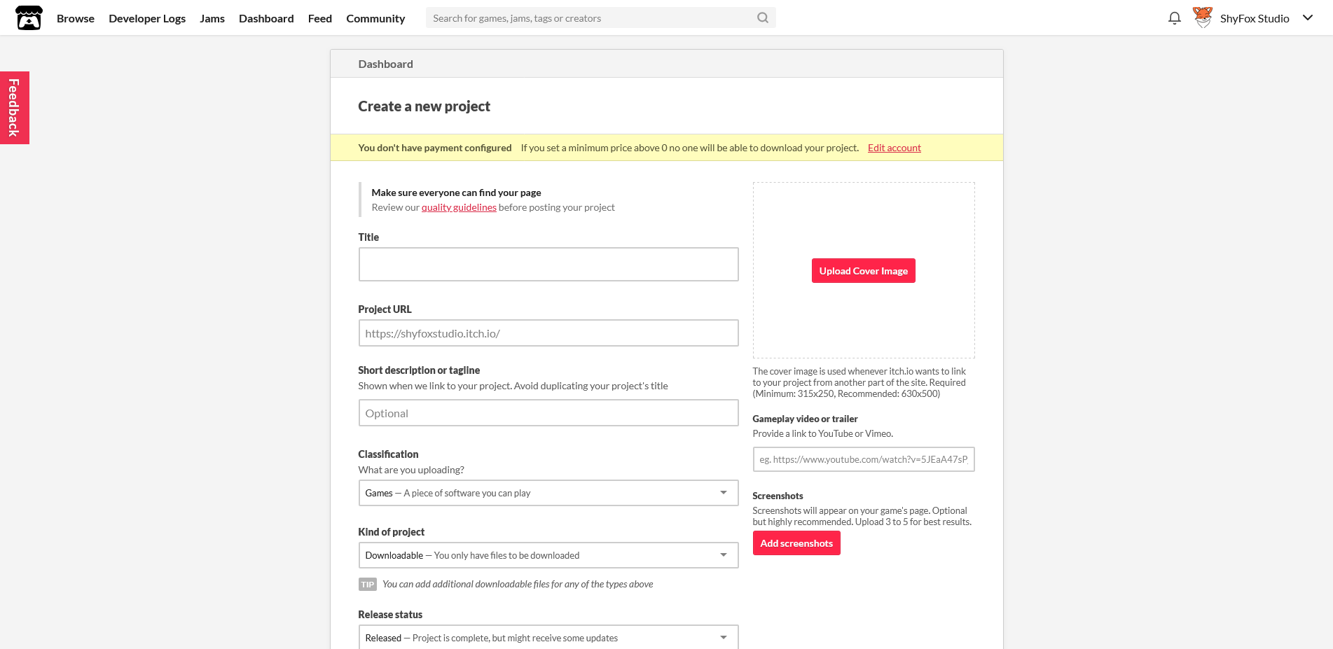 Figure 26-2: The "Create a new project" page on itch.io