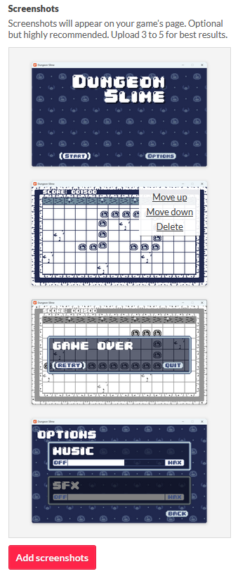 Figure 26-12: Example of multiple screenshots added to a game project