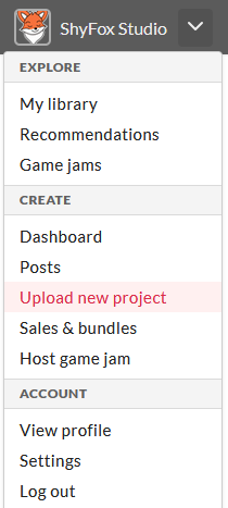 Figure 26-1: Drop-down menu after clicking the arrow beside user name with "Upload new project" highlighted