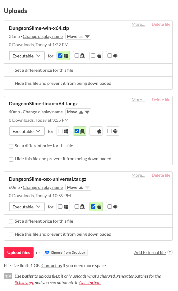 Figure 26-5: Example of uploaded files for Windows, Linux, and macOS platforms