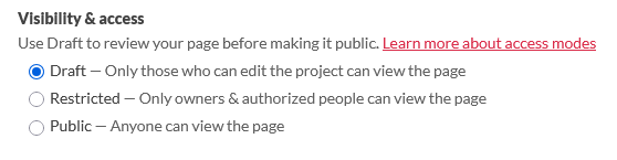 Figure 26-10: Visibility and access settings for publishing your game