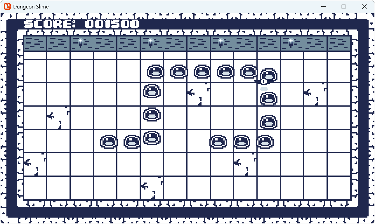 Figure 0-2: The gameplay screen of Dungeon Slime showing the player controlling a chain of slime segments (in blue) while navigating through the dungeon to collect bats for points.